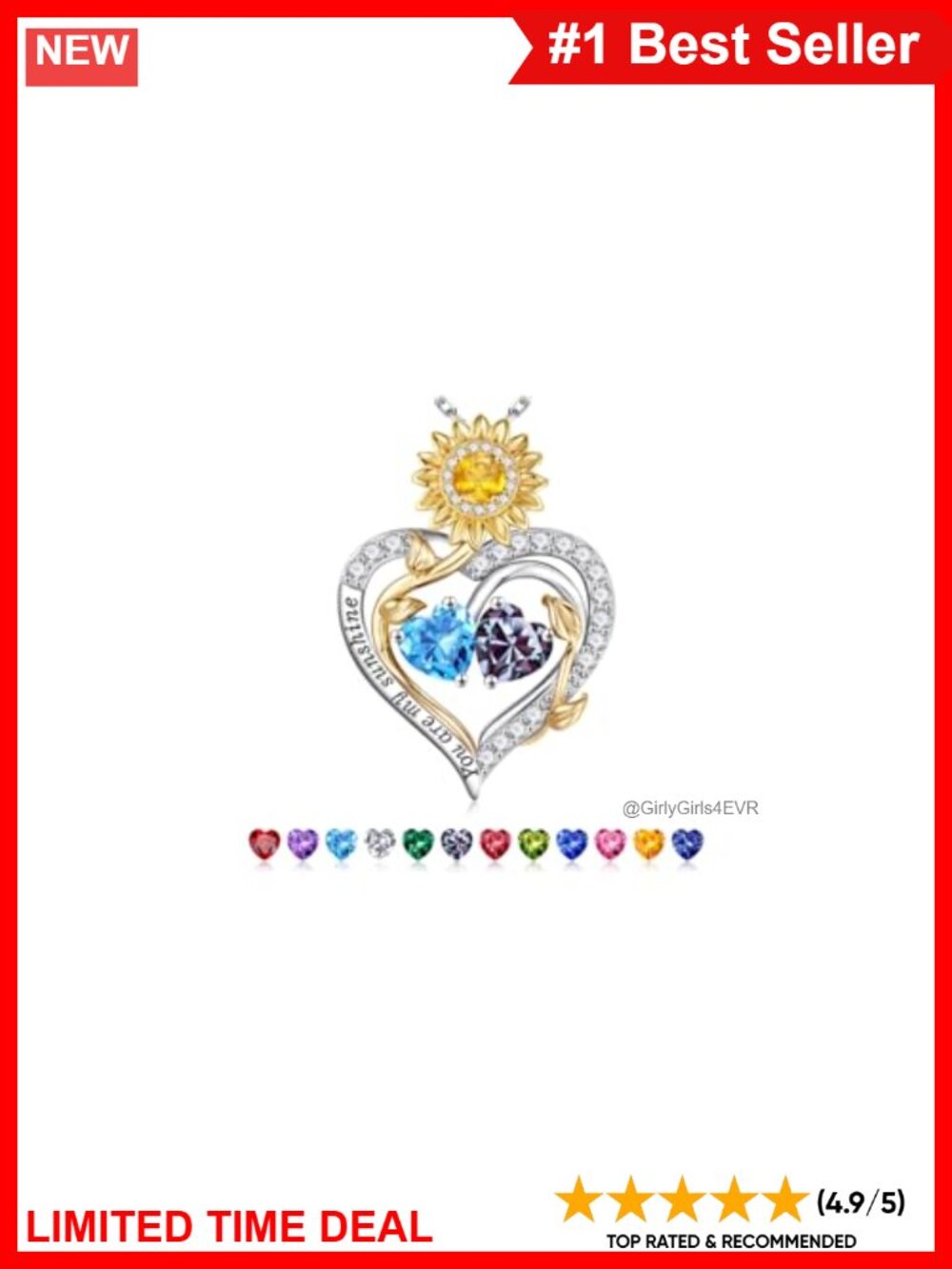 Sterling Silver Sunflower Double Birthstone Heart Pendant Necklace
